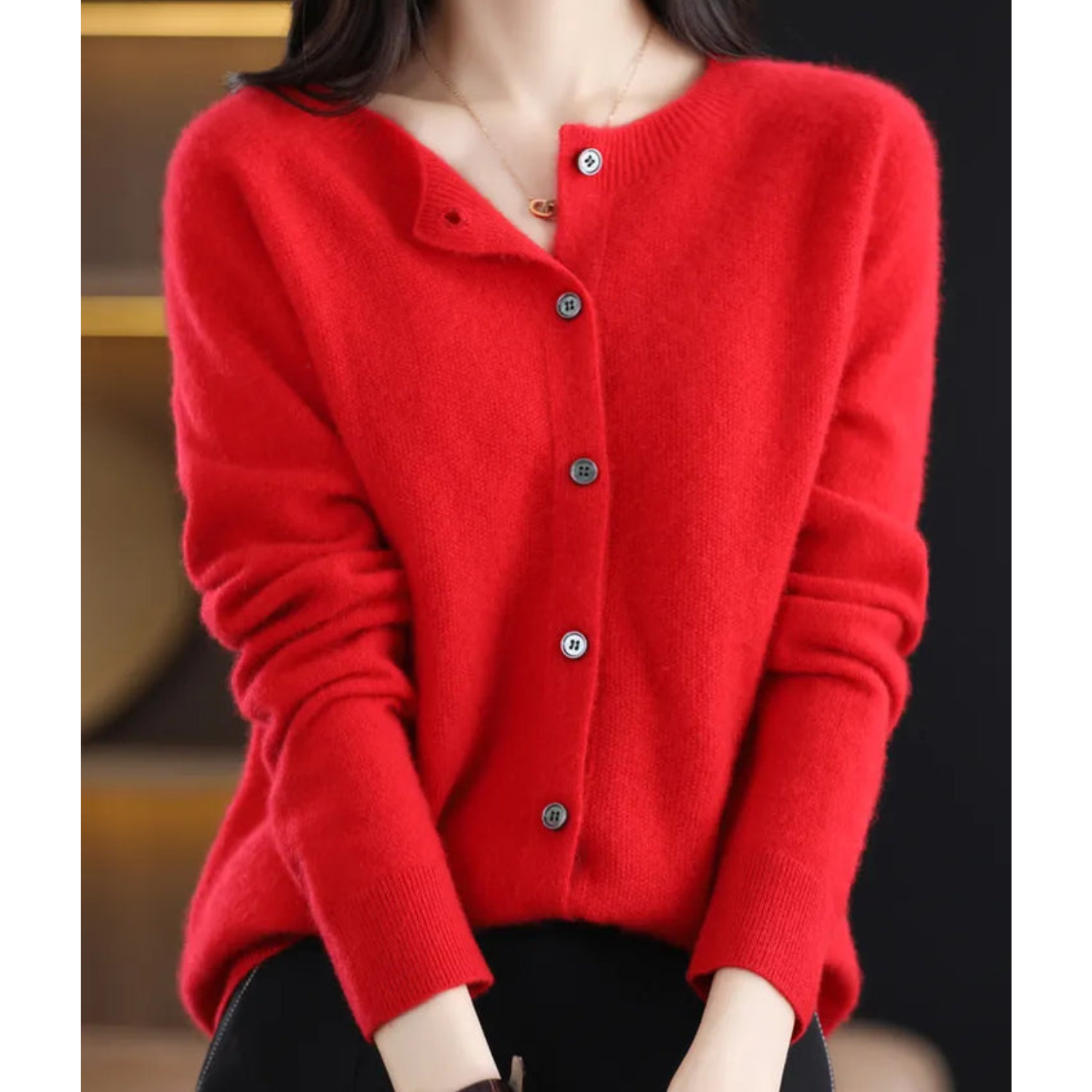 Dame Cardigan O-hals Strikket Ull-4