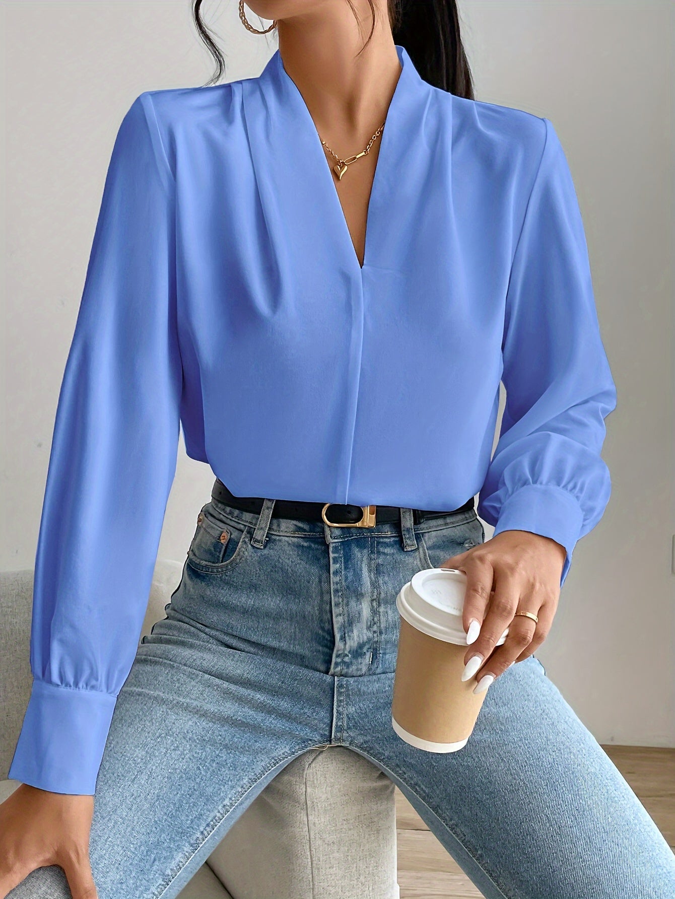 Variant image for Dame Bluse Hvit V-Hals Elegant Polyester-1