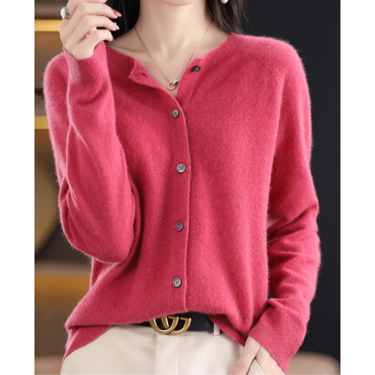 Dame Cardigan O-hals Strikket Ull-1