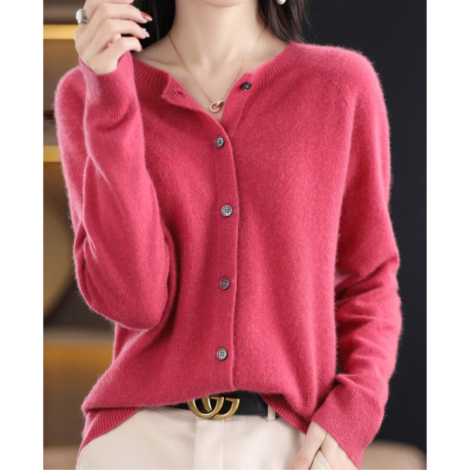 Dame Cardigan O-hals Strikket Ull-1