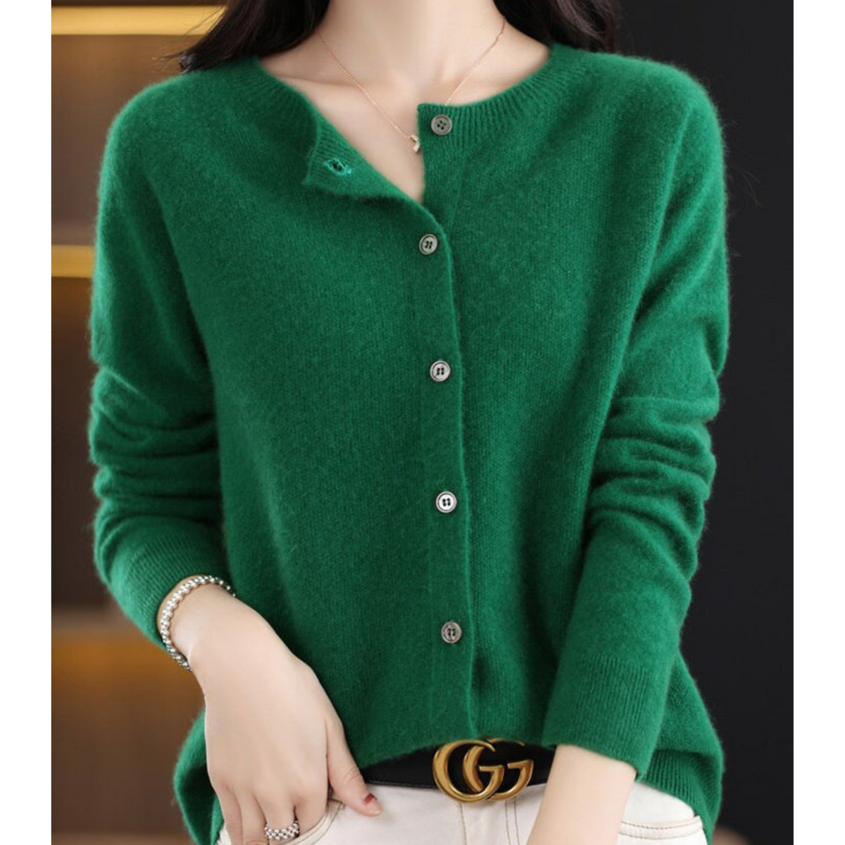 Dame Cardigan O-hals Strikket Ull-5