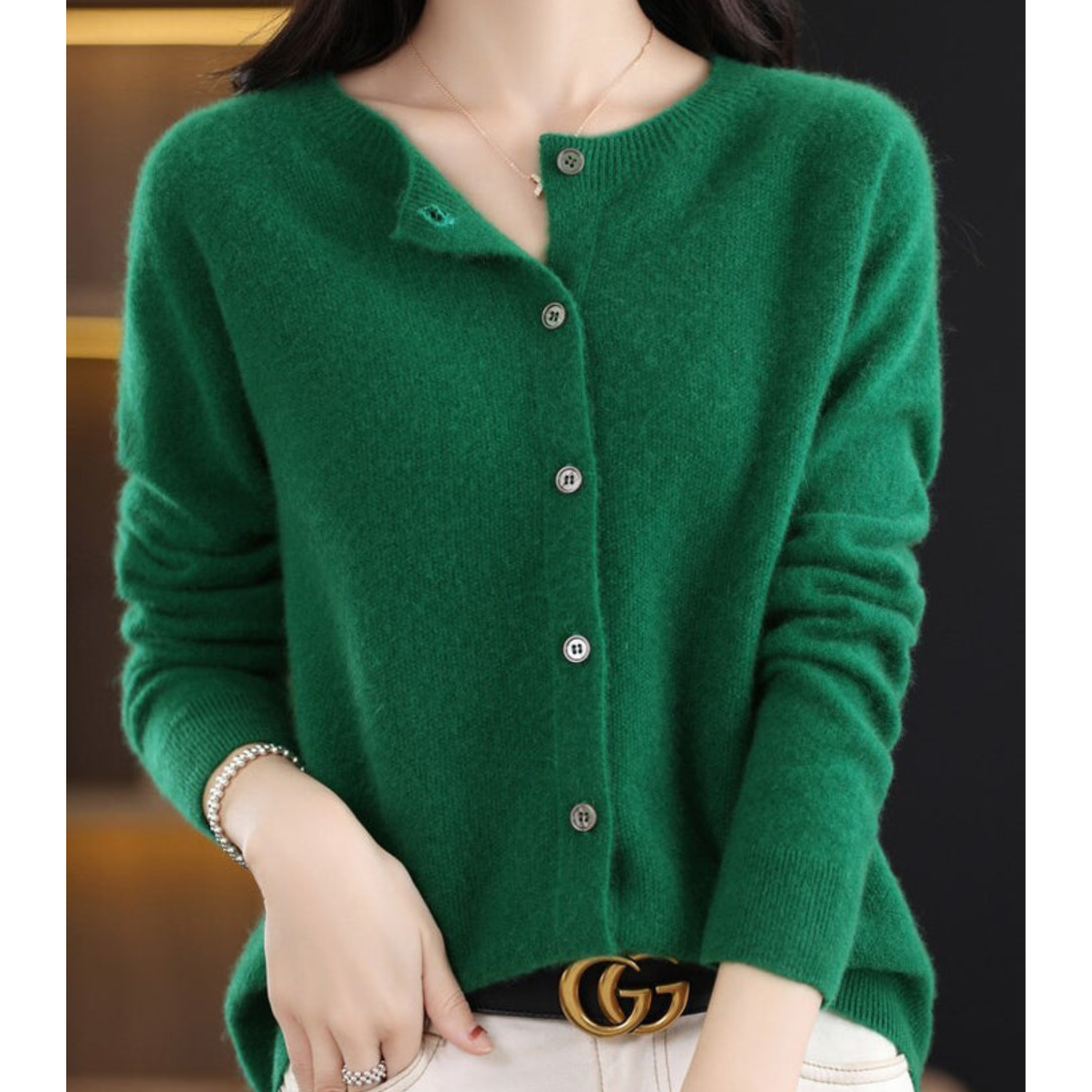 Dame Cardigan O-hals Strikket Ull-5
