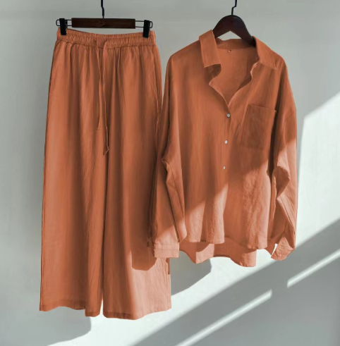 Dame Linsett Topp og Bukse Linblanding Elegant Komfortabel
