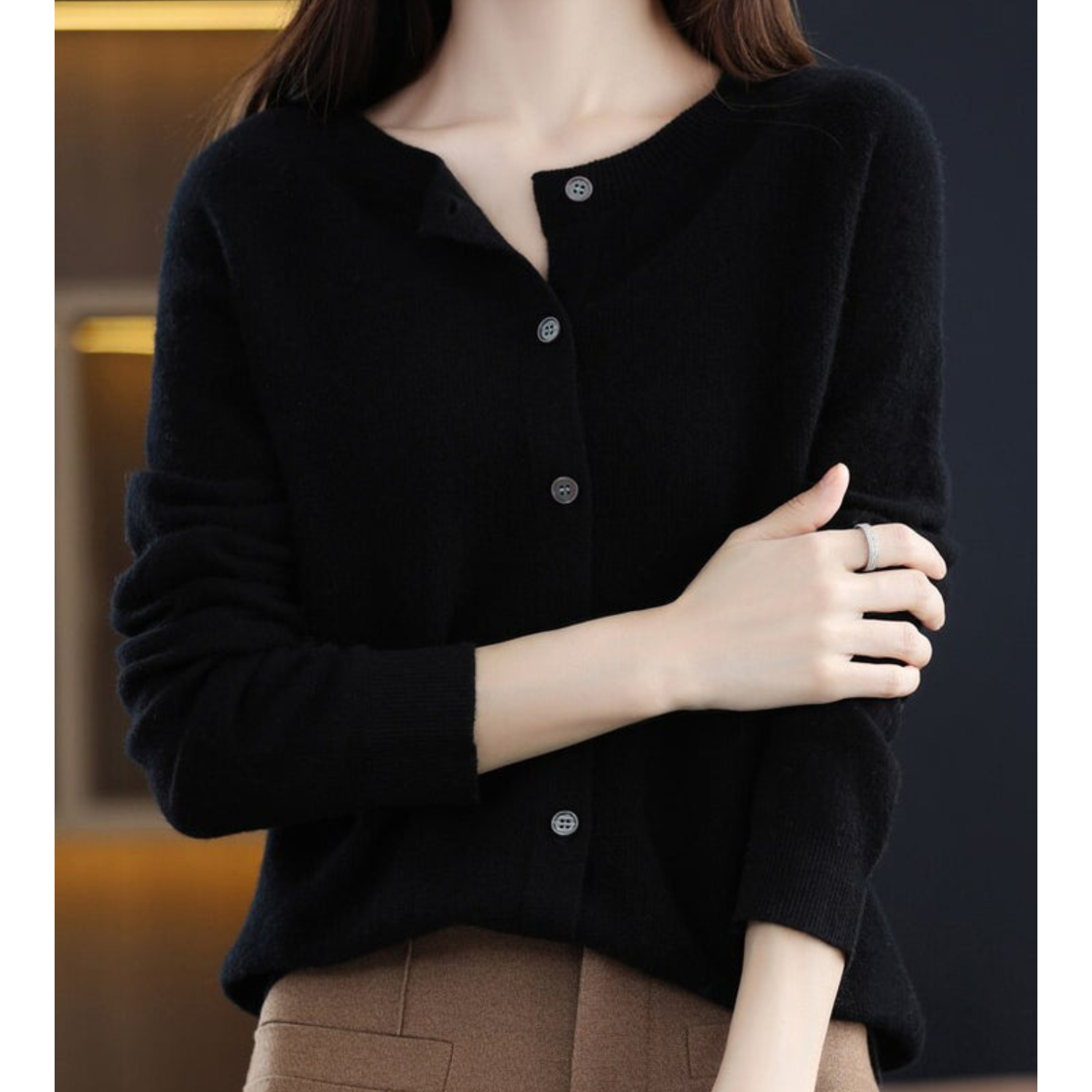 Dame Cardigan O-hals Strikket Ull-6