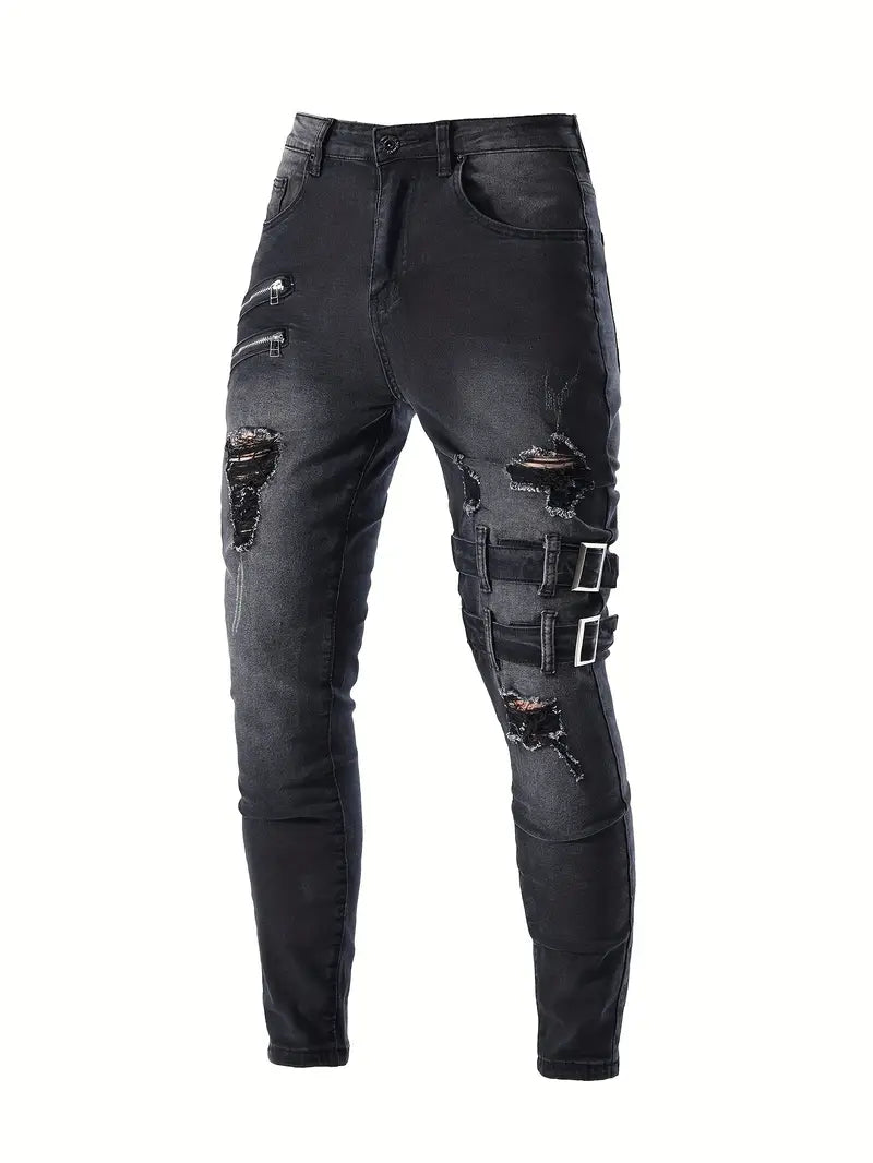 Herre Bikerjeans Casual med Vatterte Detaljer Denim-4