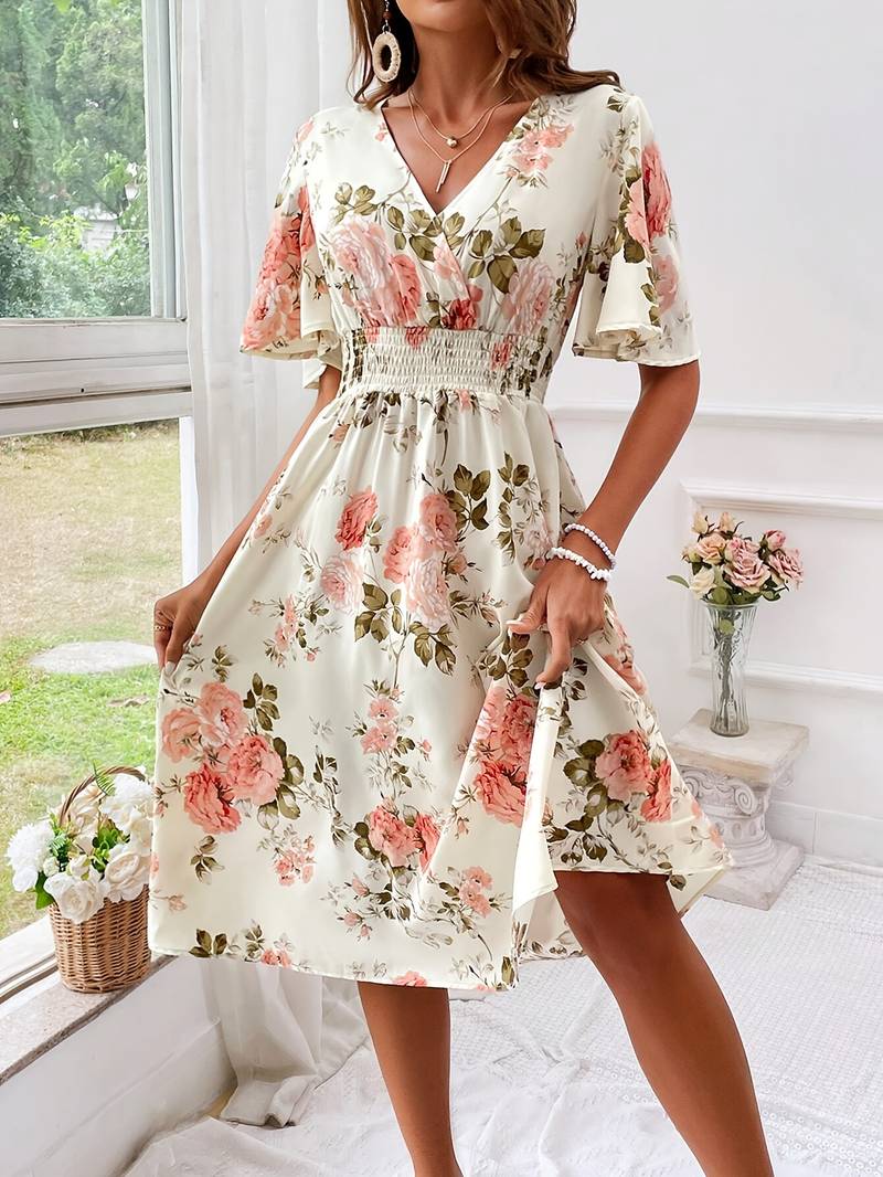 A-linje Kjole V-hals Ruffle Ermer Polyester Blomsterutskrift