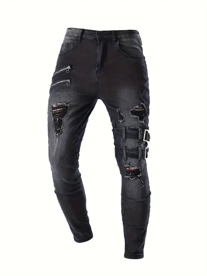 Herre Bikerjeans Casual med Vatterte Detaljer Denim-3