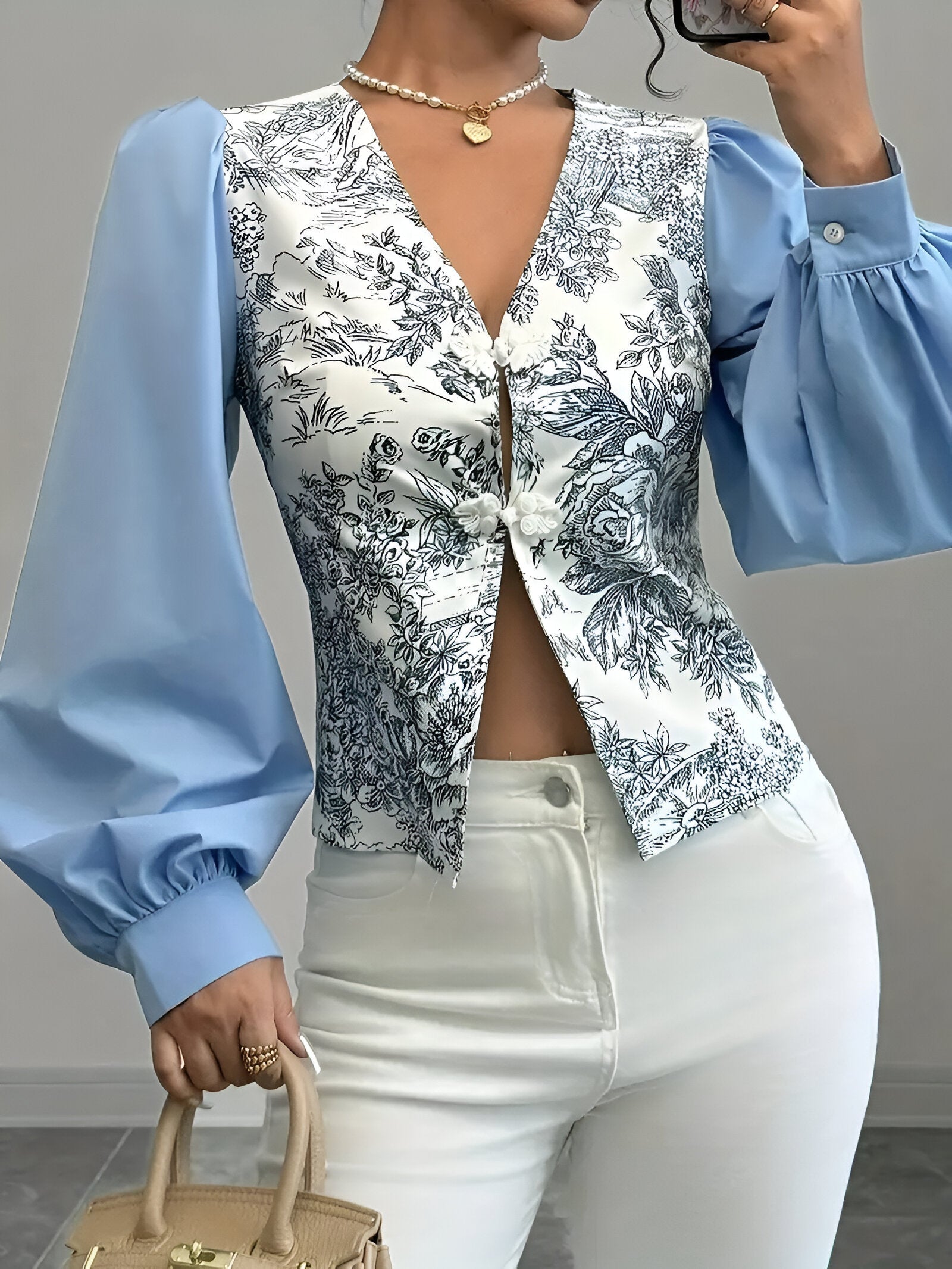 Dame Bluse V-hals Blomstertrykk Polyester