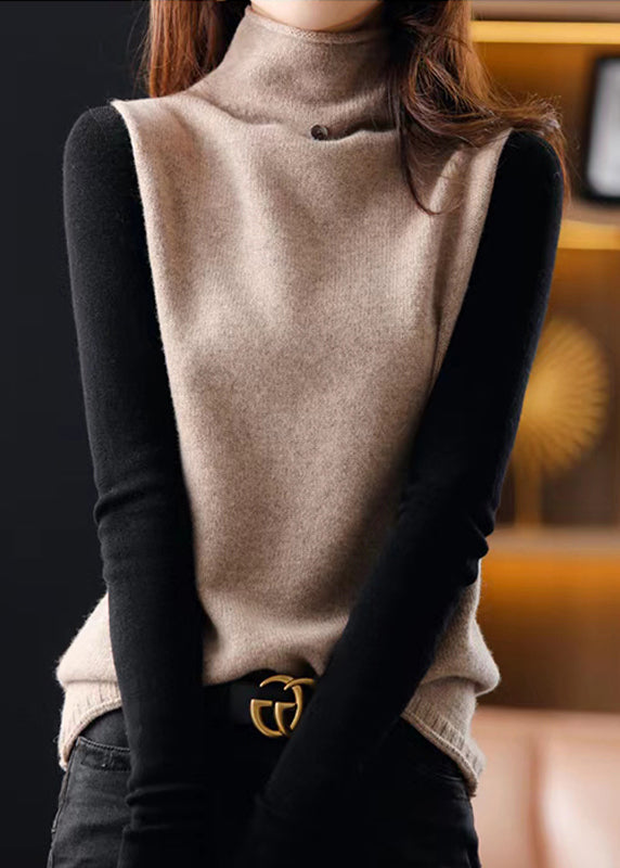 Beige Høyhalset Strikket Vest uten Ermer 1