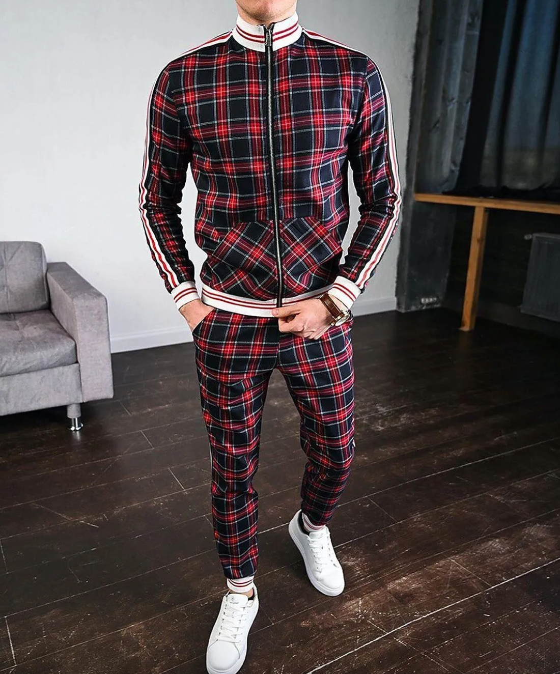 Herre Sett Uformell Polyester Mix med Lange Ermer og Stående Krage-3