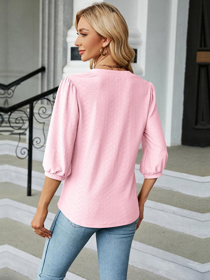 Bluse med Notch Hals og Trekvart Ermer for Damer 1