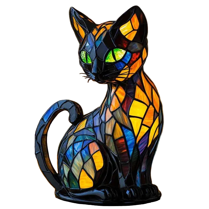 Bordlampe Med Kunstnerisk Kattedesign Farget Glass