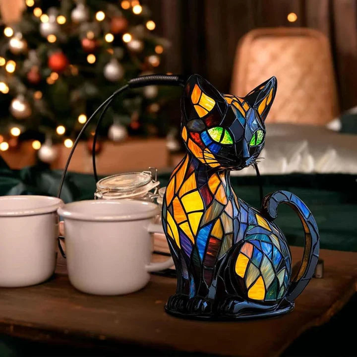 Bordlampe Med Kunstnerisk Kattedesign Farget Glass 1
