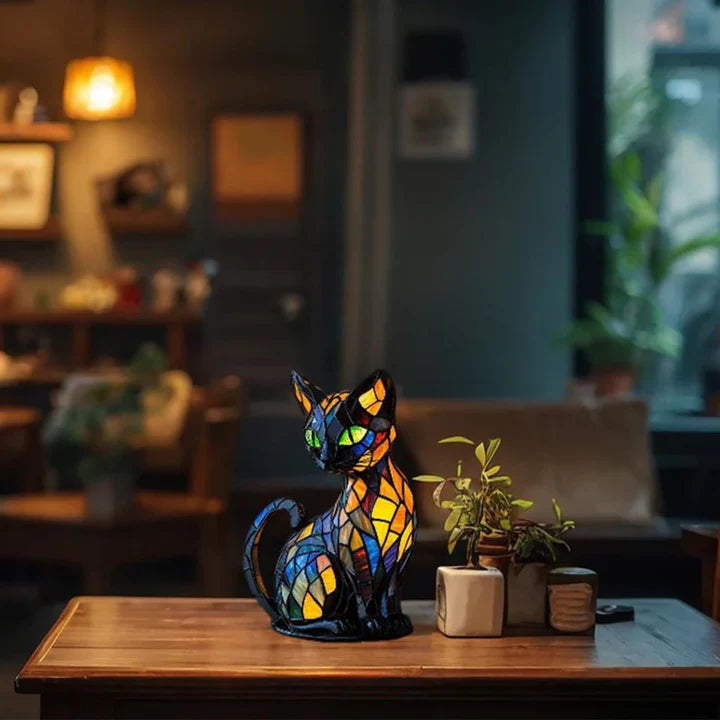Bordlampe Med Kunstnerisk Kattedesign Farget Glass 3