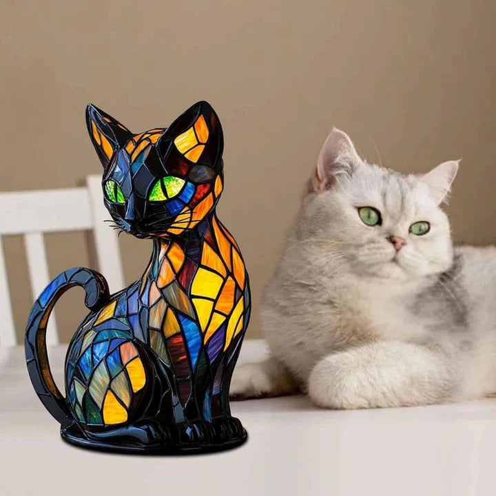 Bordlampe Med Kunstnerisk Kattedesign Farget Glass 5