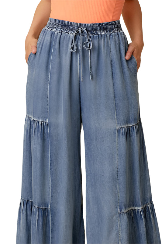 Bukser for kvinner med volanger i vasket denim 0
