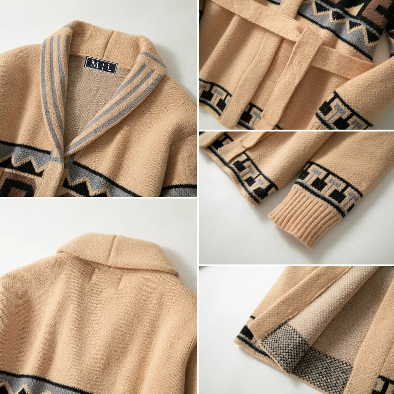 Cardigan Dame Med Belte Geometrisk Mønster 4