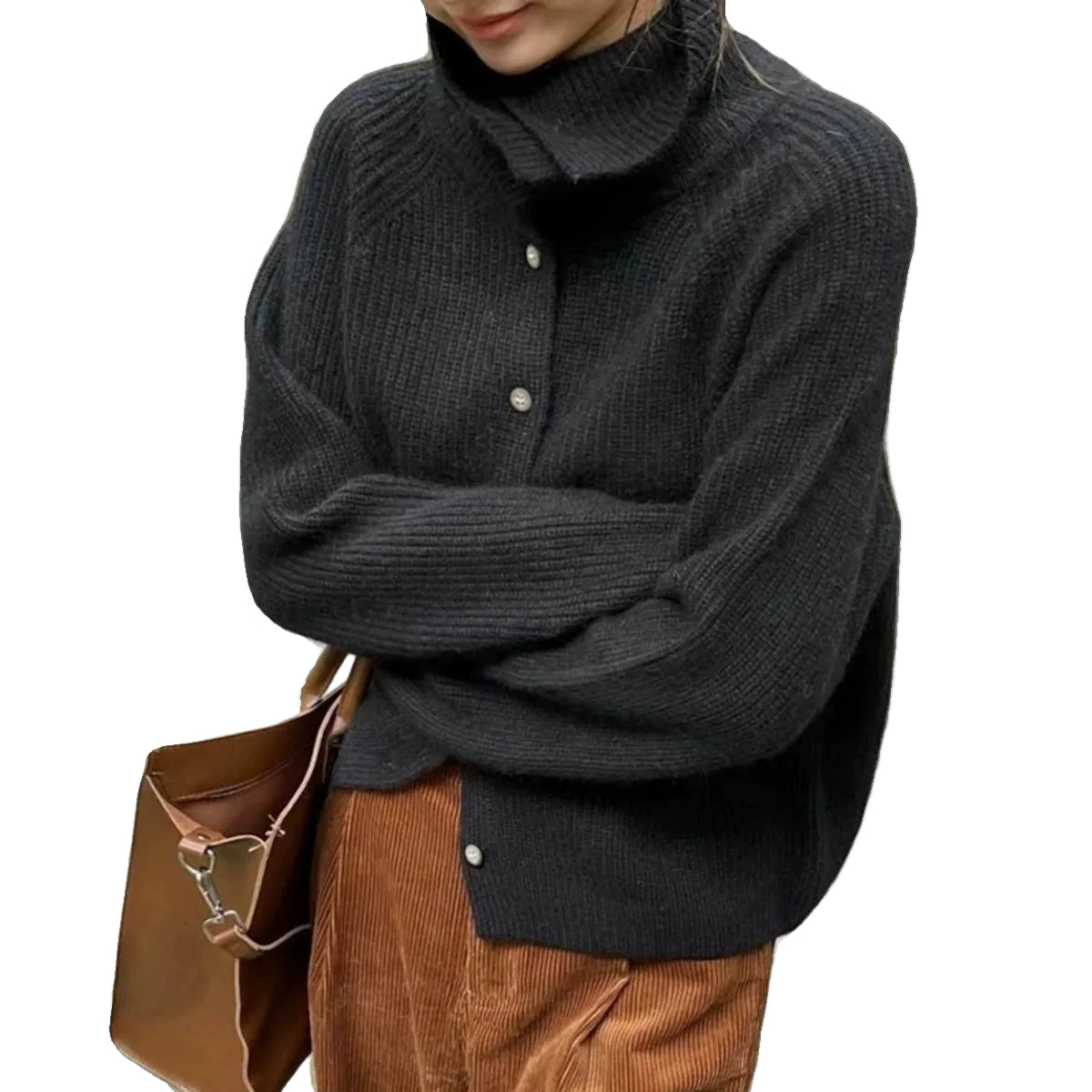 Cardigan Dame Strikket med Høy Hals - Løs Passform for Komfortabel Lag-på-lag Styling 4