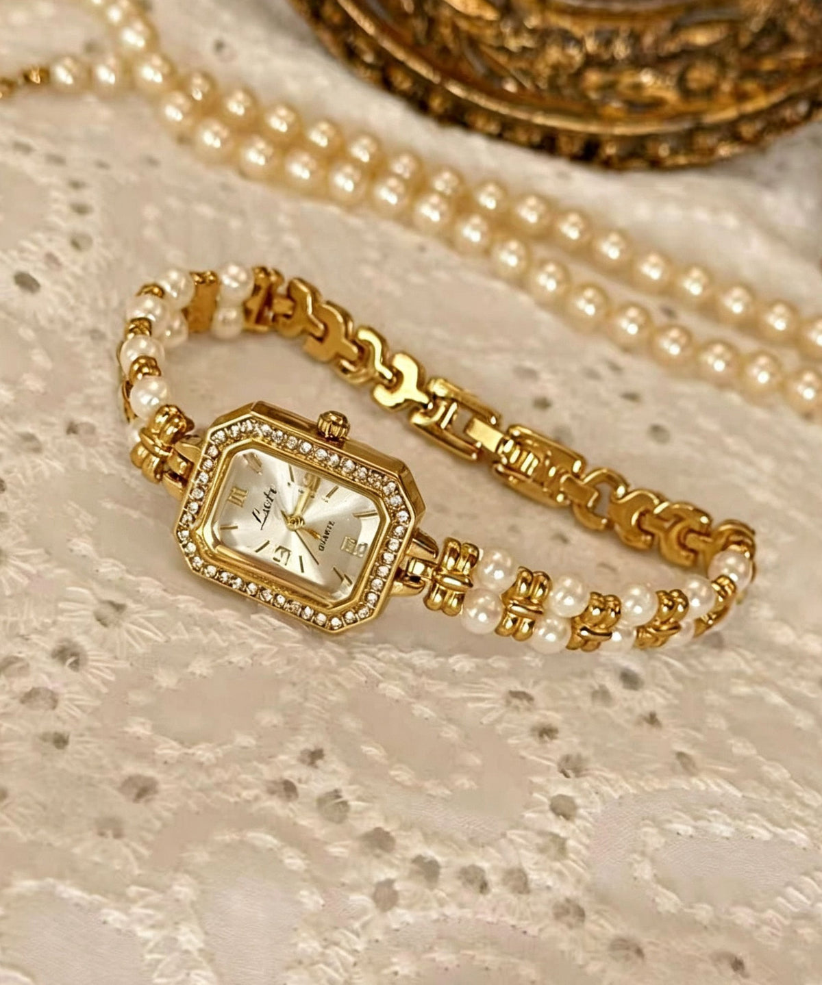Dame Armbåndsur med Perle og Metalldetaljer 1