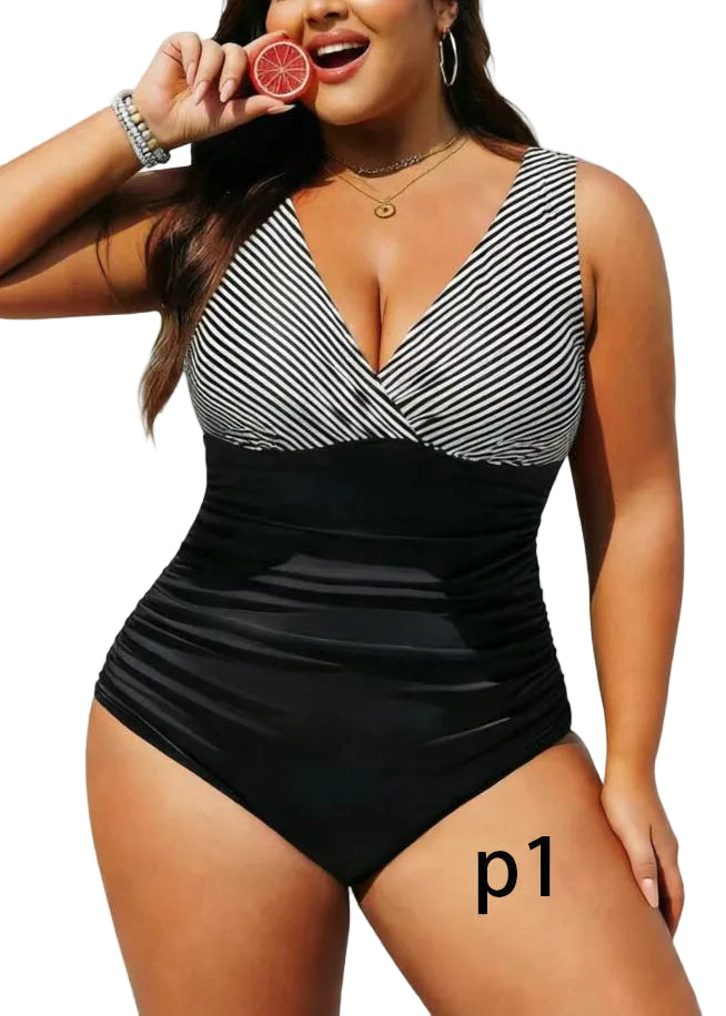 Dame Badedrakt Bodysuit V-hals Stripemønster 0