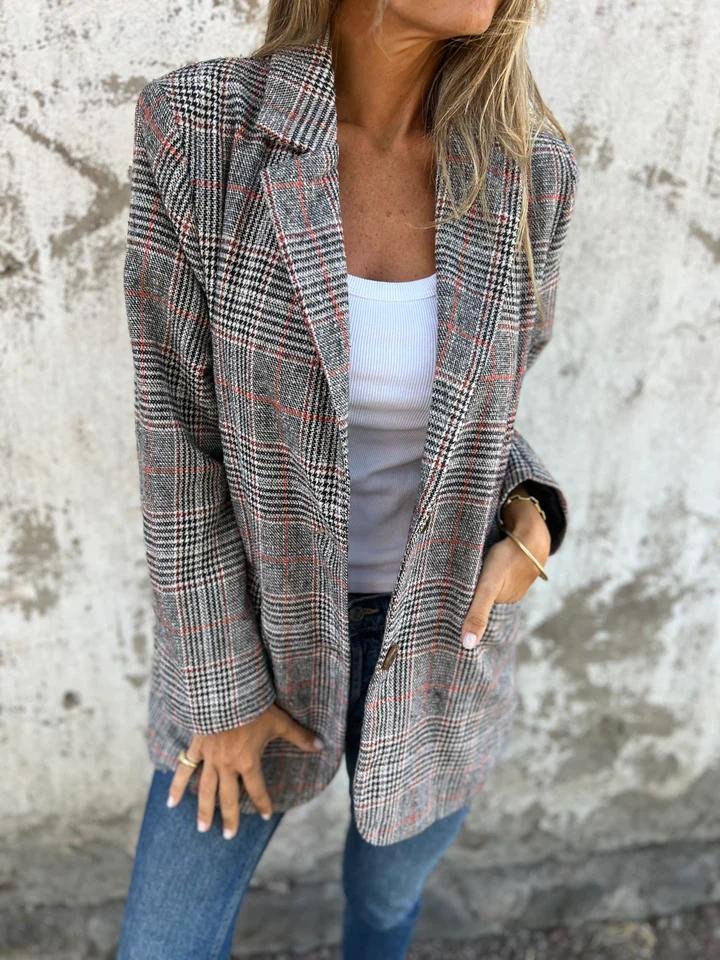 Dame Blazer med Rutemønster og Moderne Passform 2