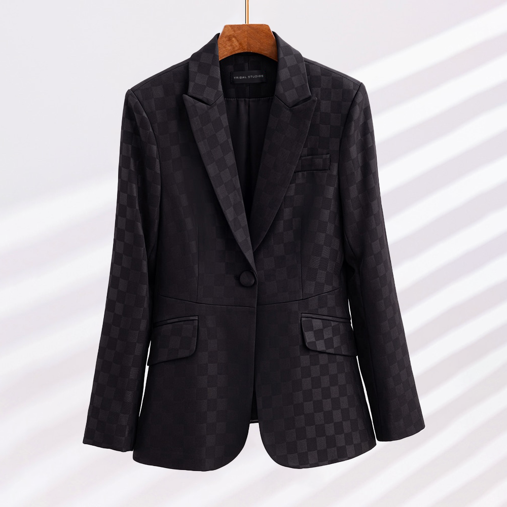 Dame Blazer med Ruter Slim Fit Acetat-Spandex 1