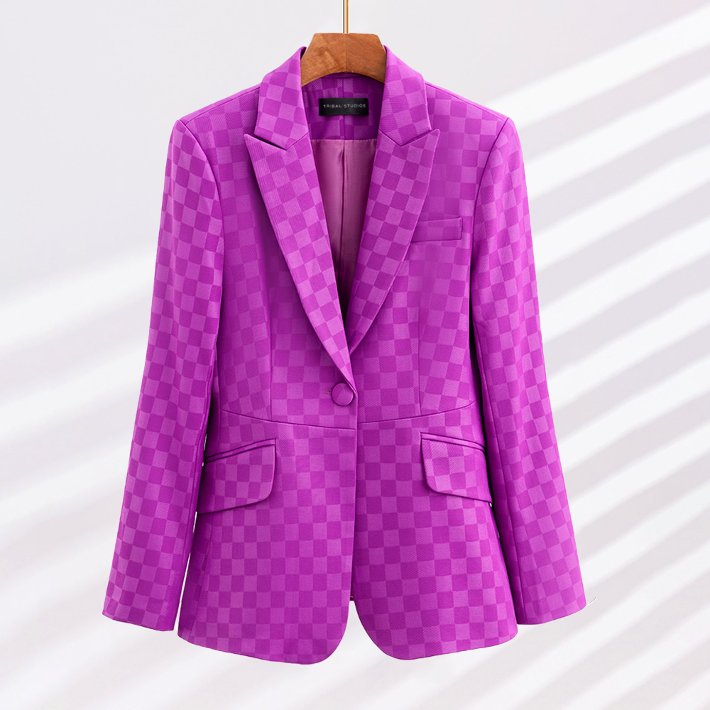 Dame Blazer med Ruter Slim Fit Acetat-Spandex 2