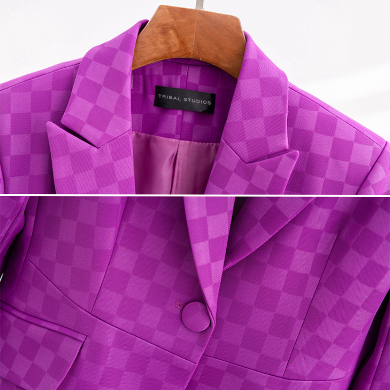 Dame Blazer med Ruter Slim Fit Acetat-Spandex 3