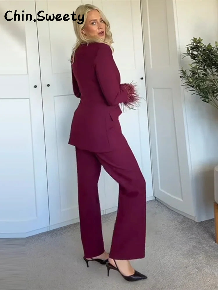 Dame Blazer og Bukse Sett med Skulderputer 3