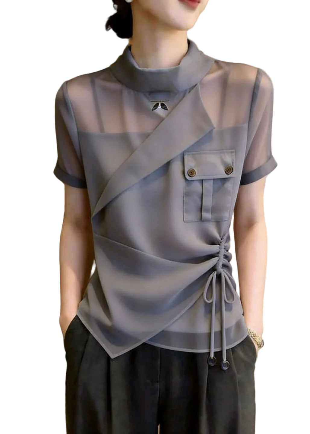 Dame Bluse Asymmetrisk Design med Stativ Krage og Snøring 0
