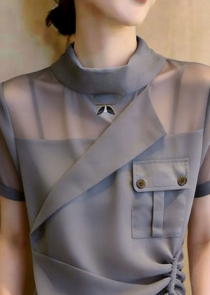 Dame Bluse Asymmetrisk Design med Stativ Krage og Snøring 1
