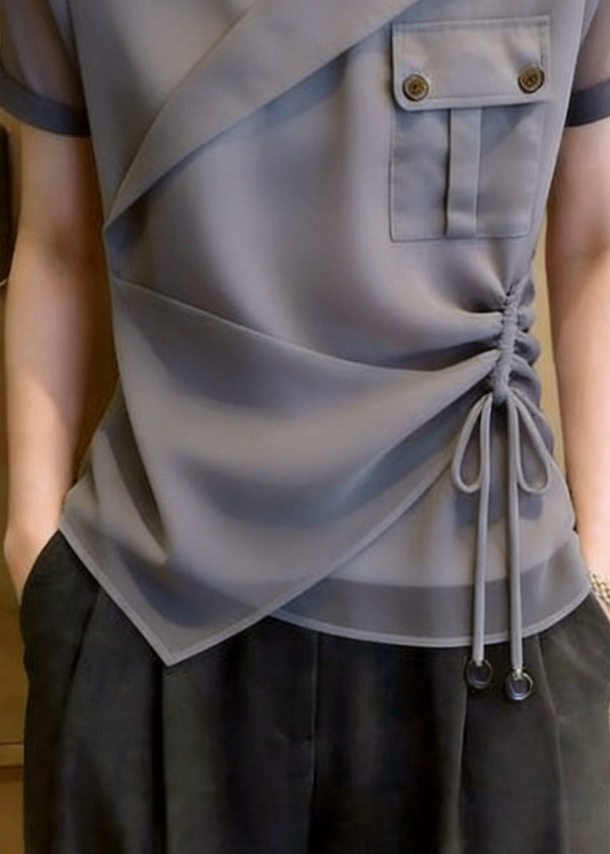 Dame Bluse Asymmetrisk Design med Stativ Krage og Snøring 3