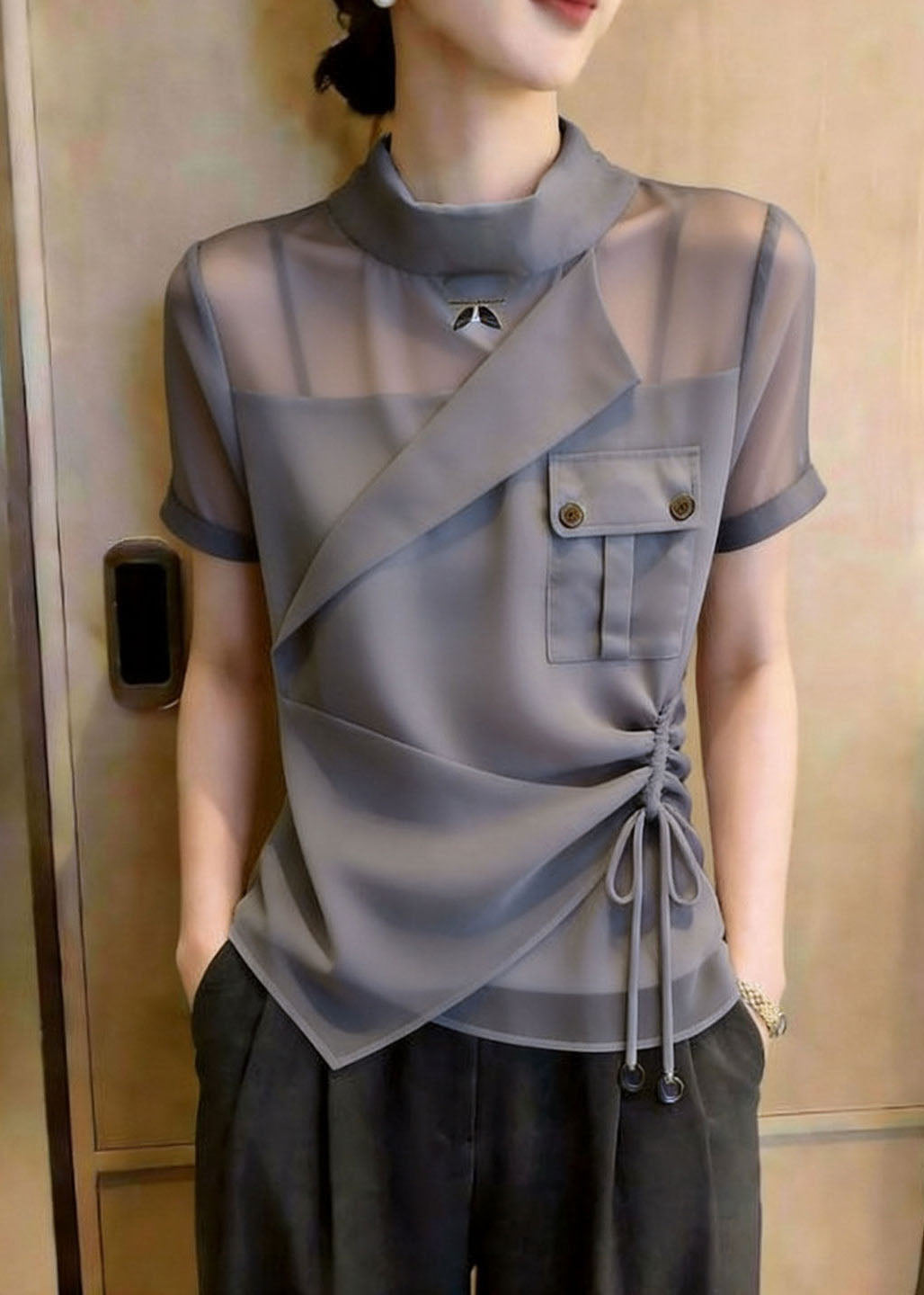 Dame Bluse Asymmetrisk Design med Stativ Krage og Snøring 4