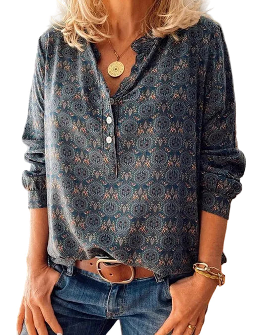 Dame Bluse Lange Ermer Vintage Print 0