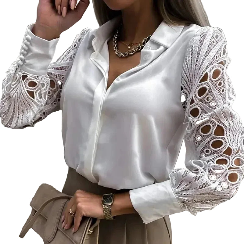 Dame Bluse med Blonder og Knapp 0
