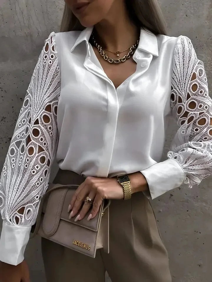 Dame Bluse med Blonder og Knapp 5