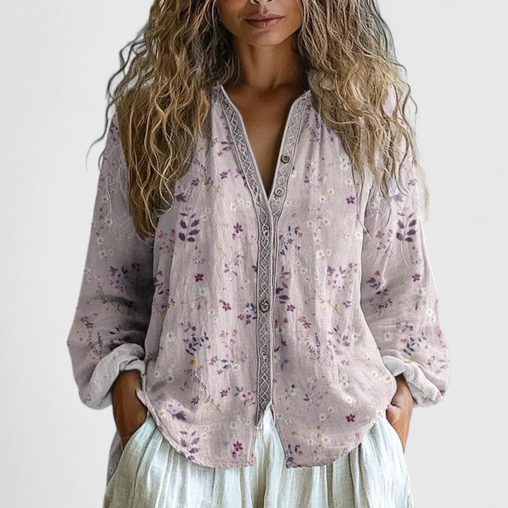 Dame Bluse med Retro Bladtrykk 1