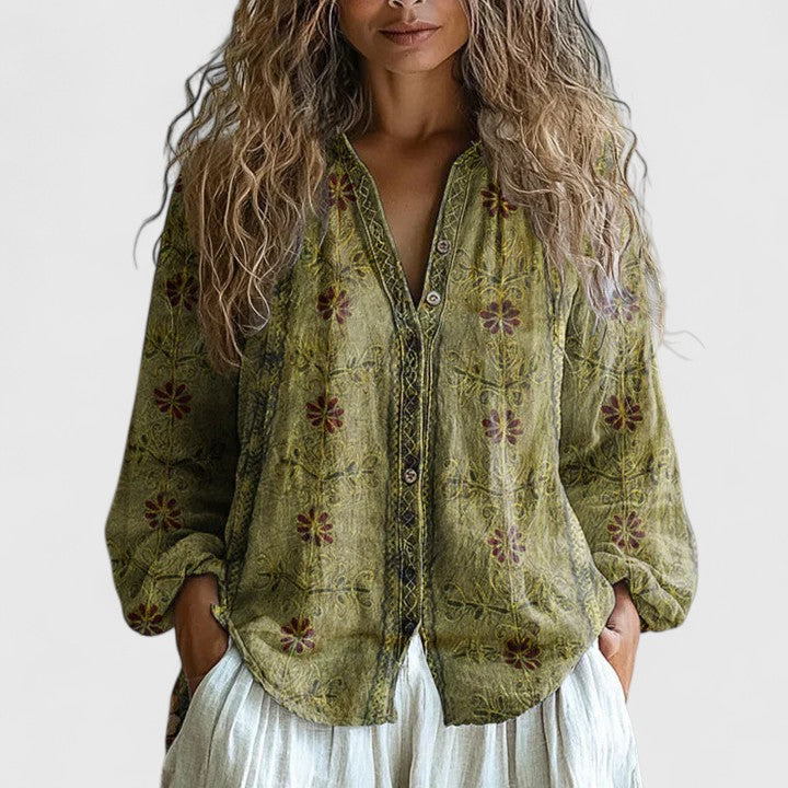 Dame Bluse med Retro Bladtrykk 2