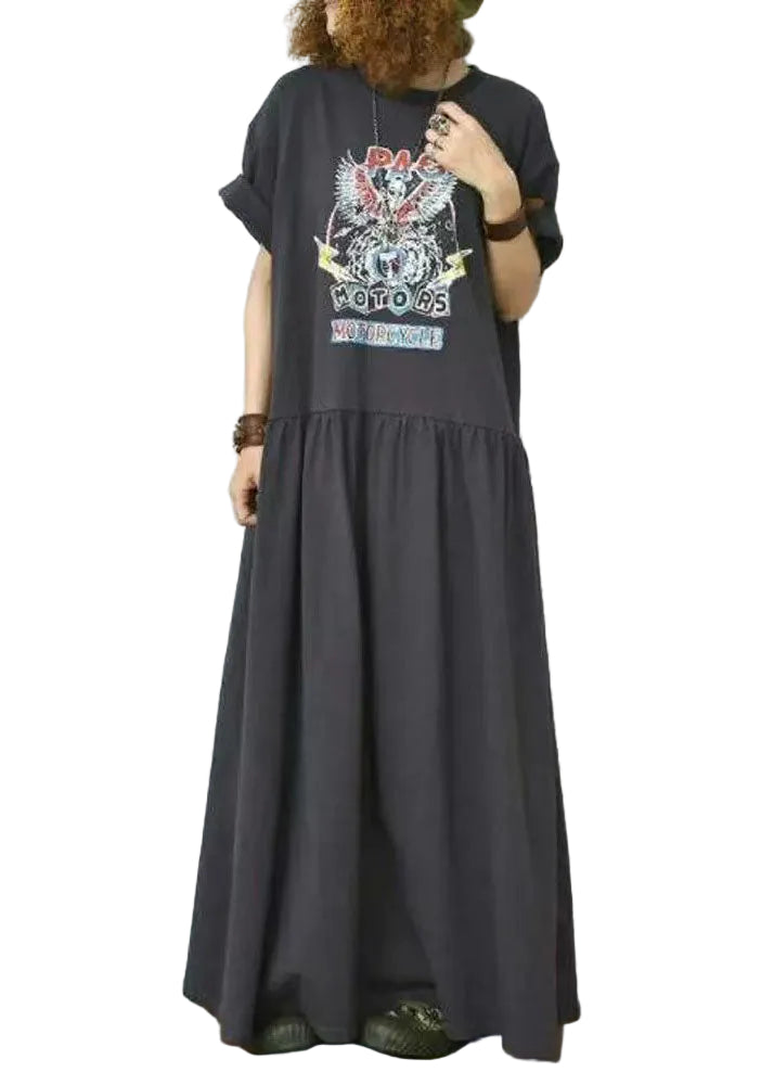 Dame Bomullskjole Boho Stil Med Print og Løs Passform 0