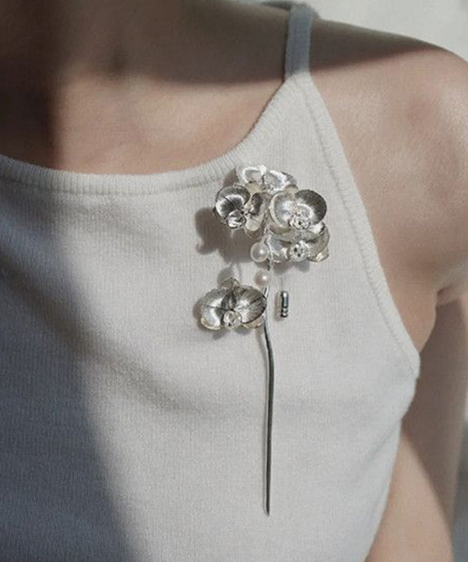 Dame Brosje med Perle og Phalaenopsis Design Retro Stil 0