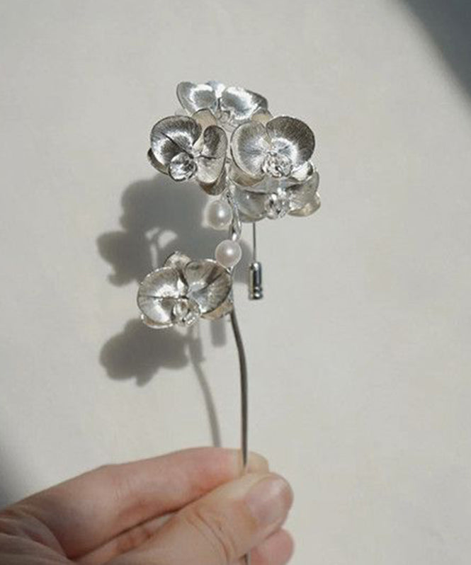 Dame Brosje med Perle og Phalaenopsis Design Retro Stil 2