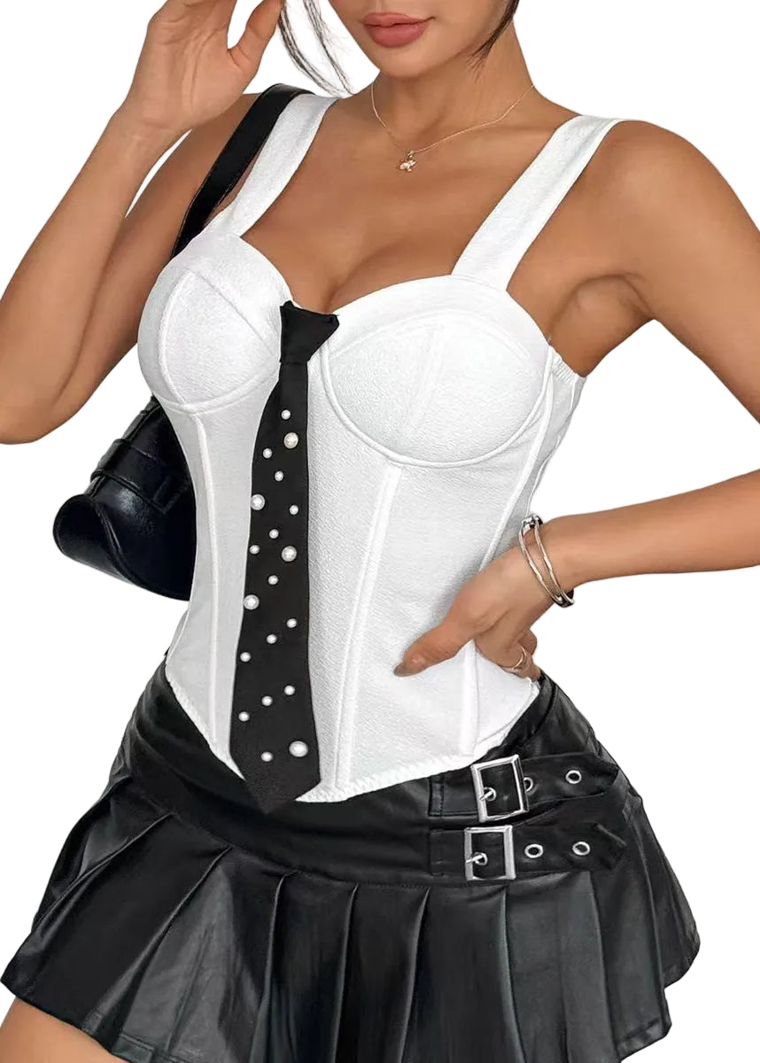 Dame Bustier Topp med Perledetaljer og Slips 0