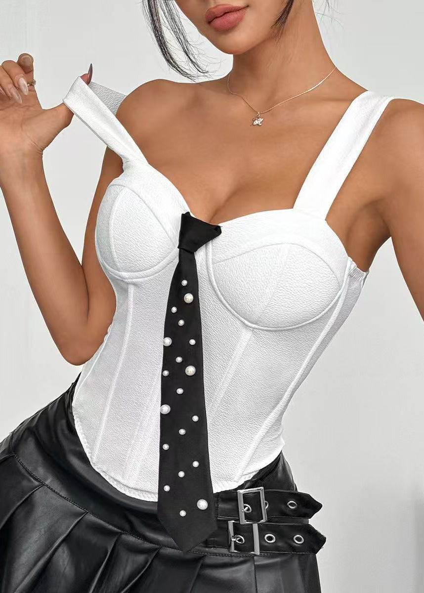Dame Bustier Topp med Perledetaljer og Slips 3