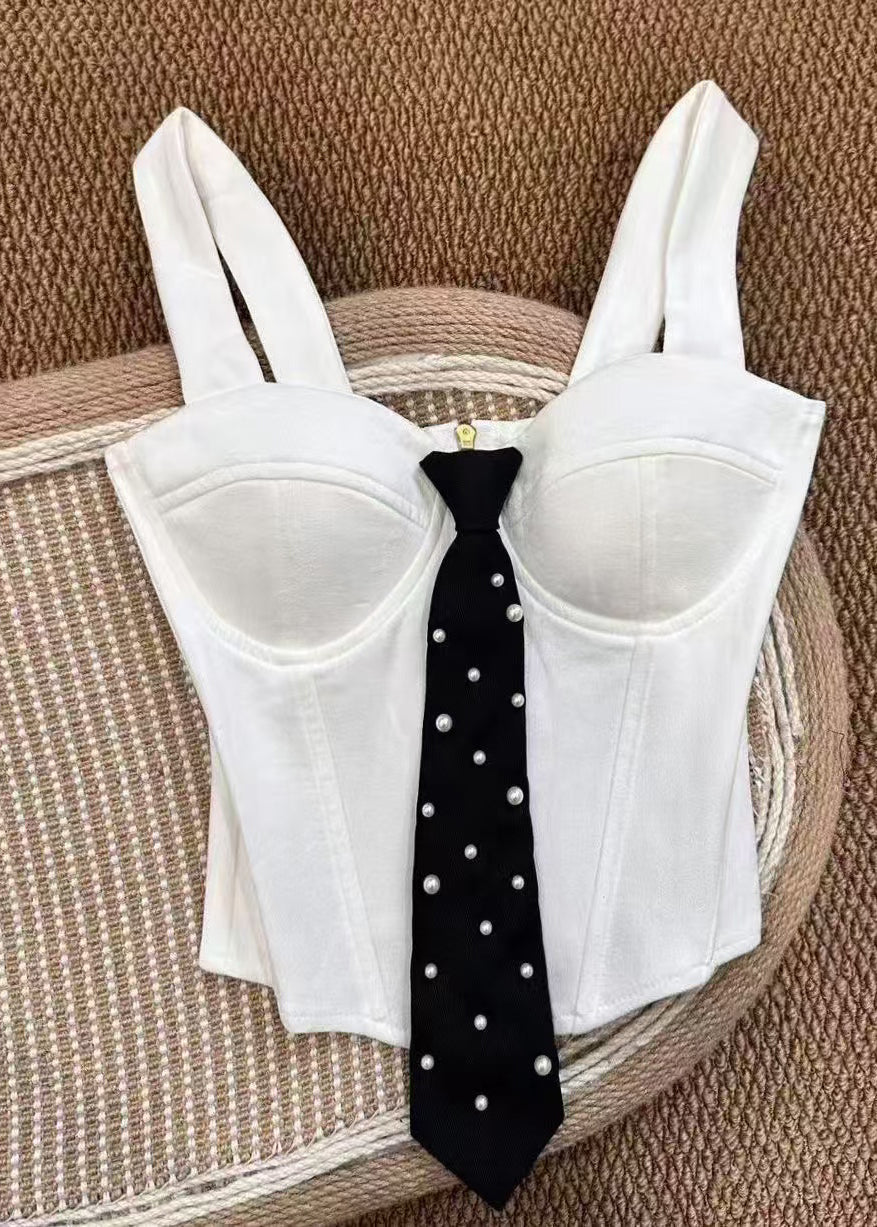 Dame Bustier Topp med Perledetaljer og Sløyfe 0