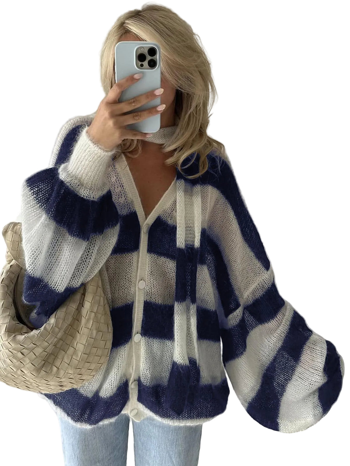 Dame Cardigan Stripet Løs Passform 0