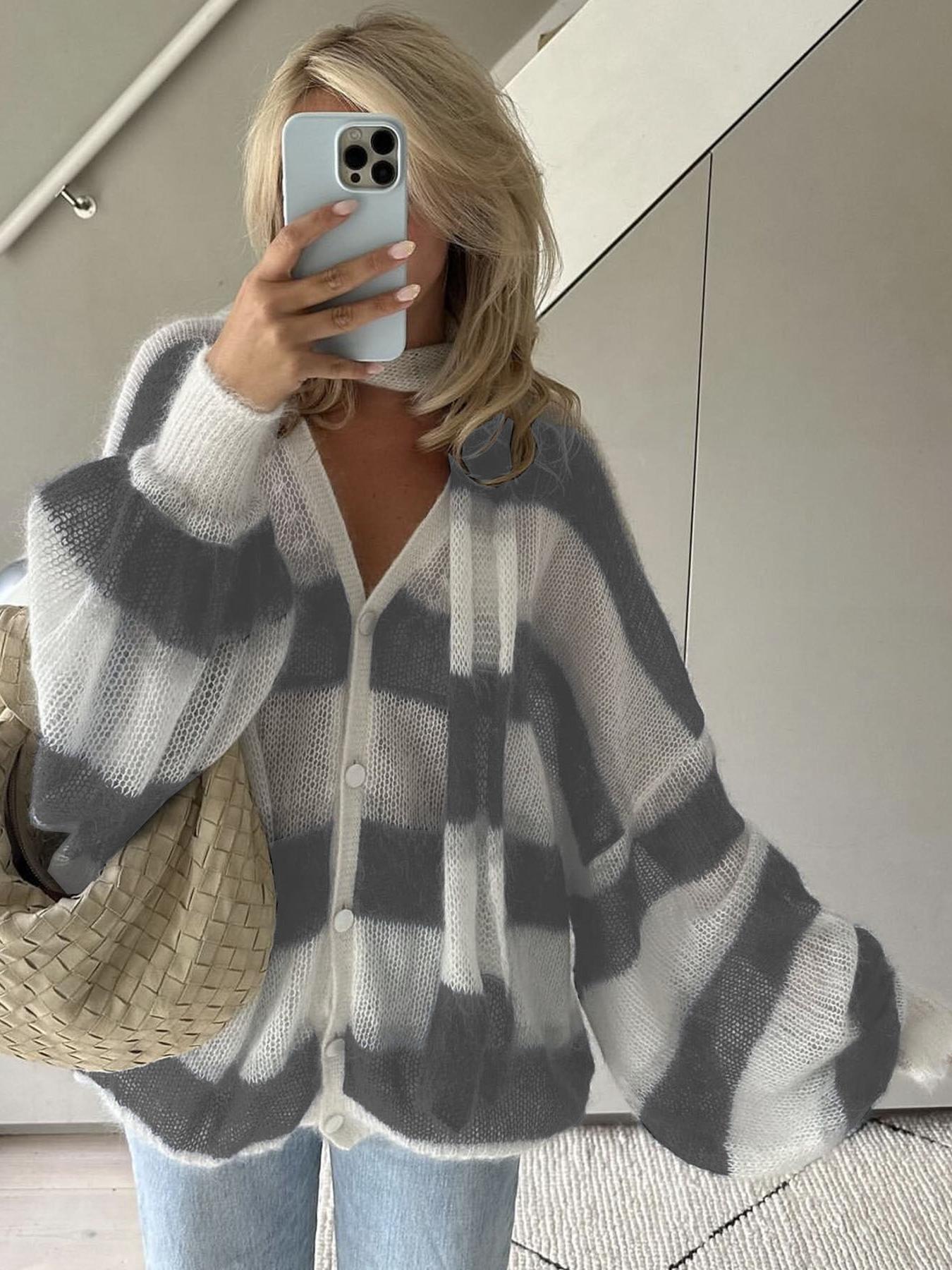 Dame Cardigan Stripet Løs Passform 5