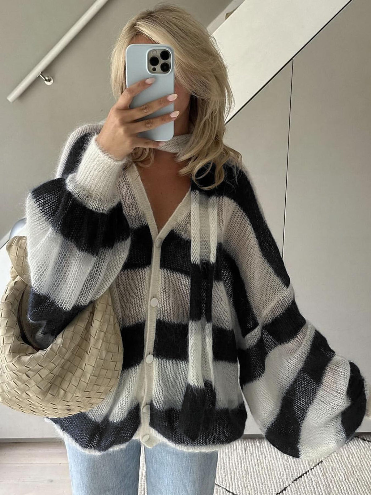 Dame Cardigan Stripet Løs Passform 7