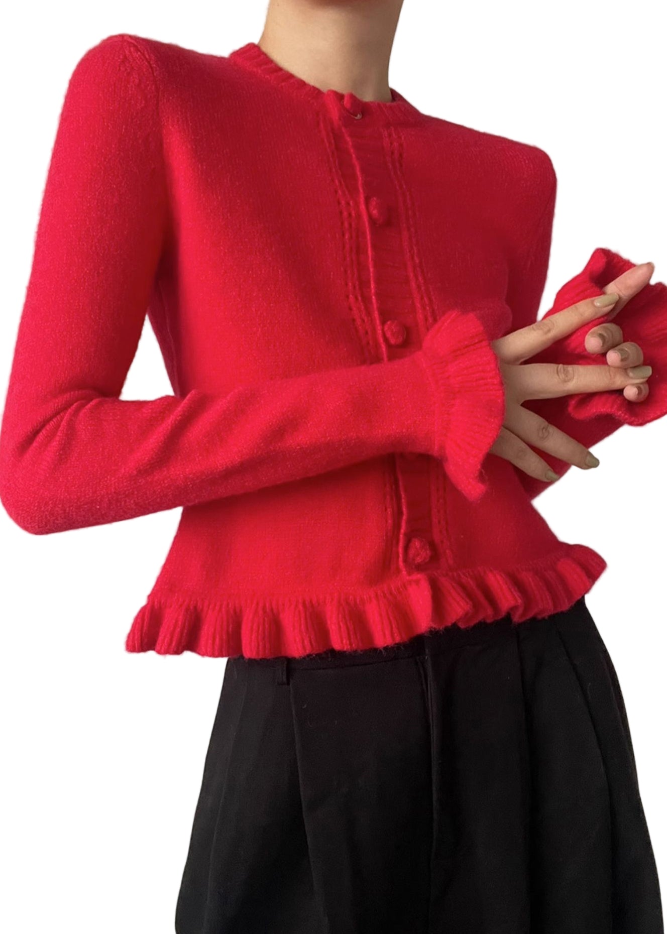 Dame Cardigan med Volangstrikket O-hals 1
