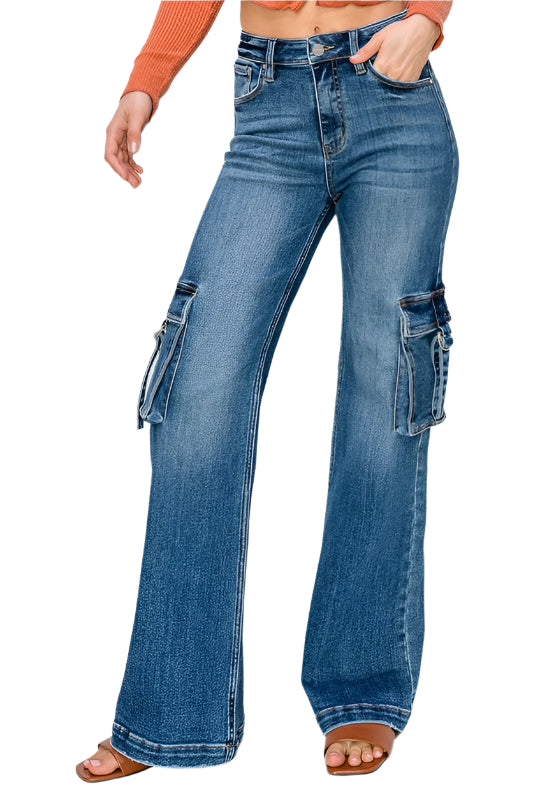 Dame Cargo Bukser Høy Midje Bred Jeans 0