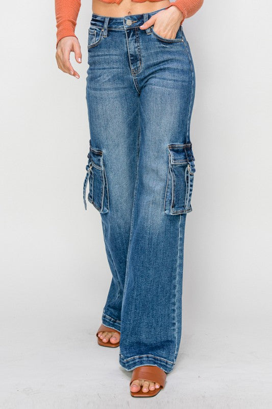 Dame Cargo Bukser Høy Midje Bred Jeans 1